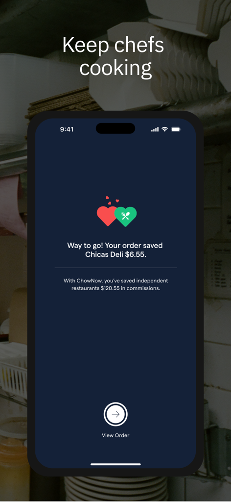 ChowNow app interface showing total commission savings for independent restaurants