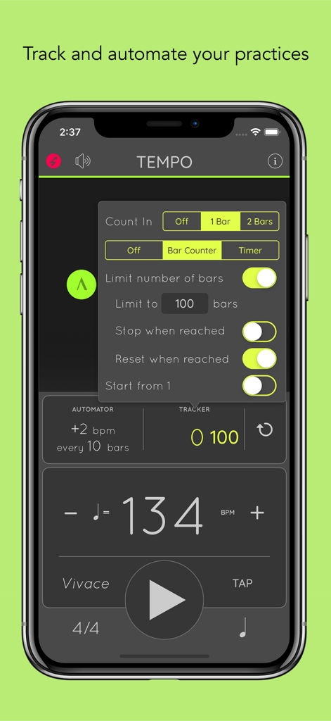 Metronome: Tempo Lite - Metronome Tempo Lite practice tracker and automator settings screen