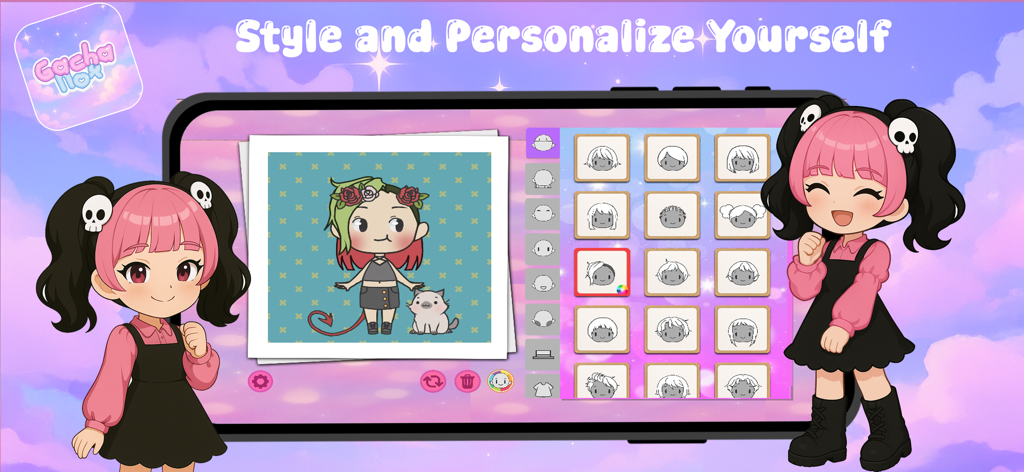 Gacha Nox Life World Game - Interfaz de personalización de personajes en Gacha Nox Life World Game que muestra opciones de peinado y lindos personajes de anime estéticos.