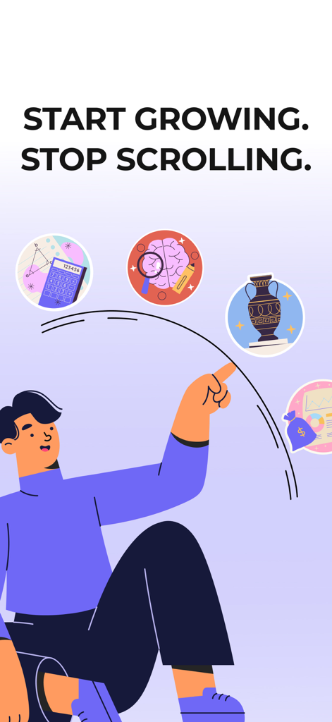 Illustration of a person pointing to microlearning subject icons like math and history under the text Start Growing Stop Scrolling