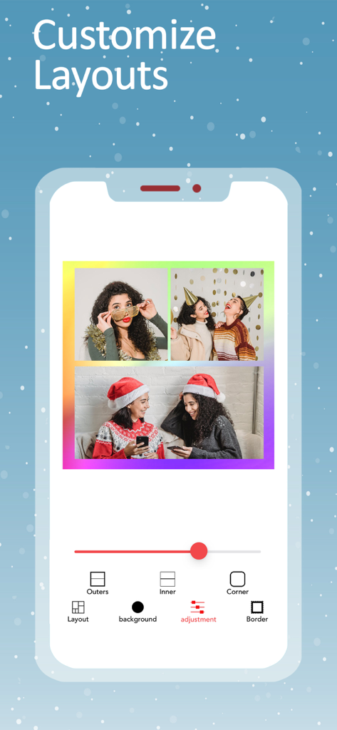 Photo Collage Maker & layout - Pantalla de aplicación móvil que muestra opciones de personalización de collage de fotos con imágenes festivas de vacaciones