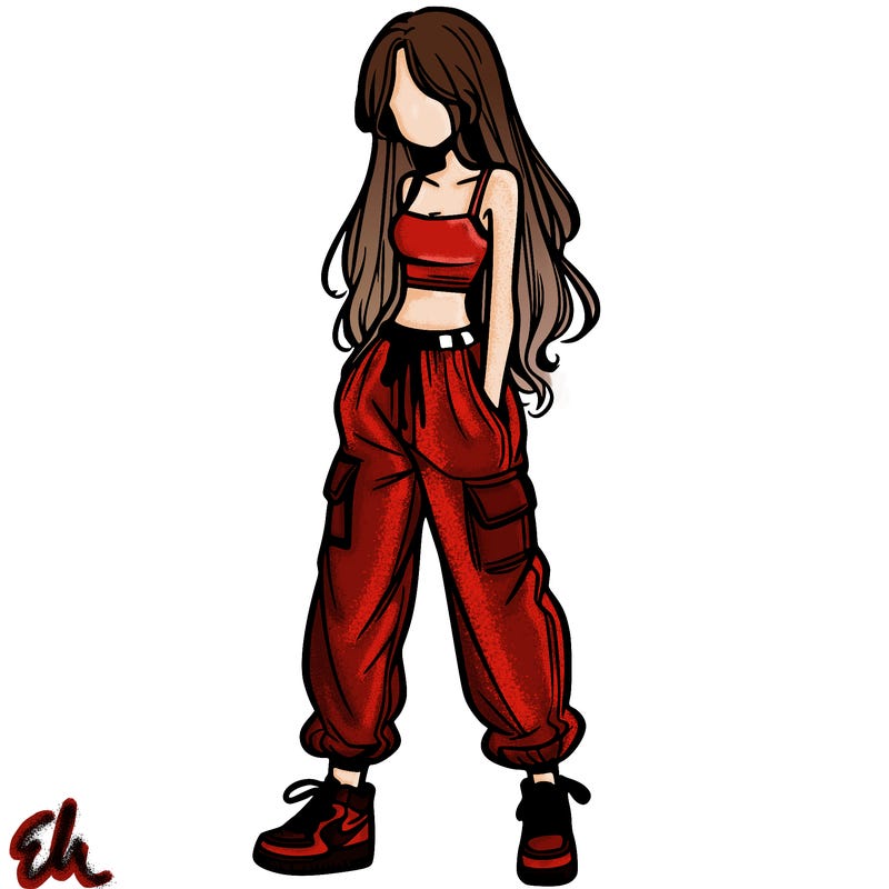 girl in baggy pants crop top and long hair