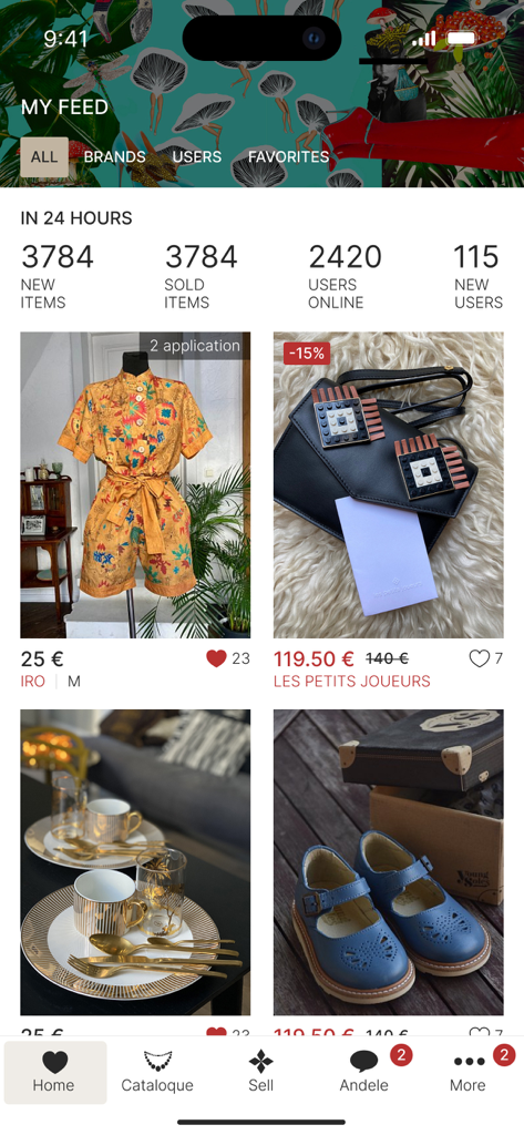 Andele Mandele app feed displaying resale listings for fashion, household items, and kids shoes with daily marketplace statistics