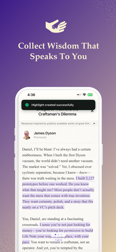 Life Note: Journal With Greats - Interface of Life Note app showing a journal entry with highlighted wisdom from virtual mentor James Dyson.