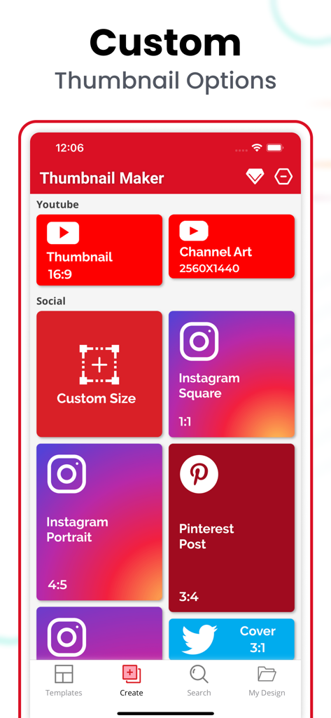 Thumbnail Maker, Banner Maker - Interface of the Thumbnail Maker app showing various custom size options for YouTube Instagram and Pinterest