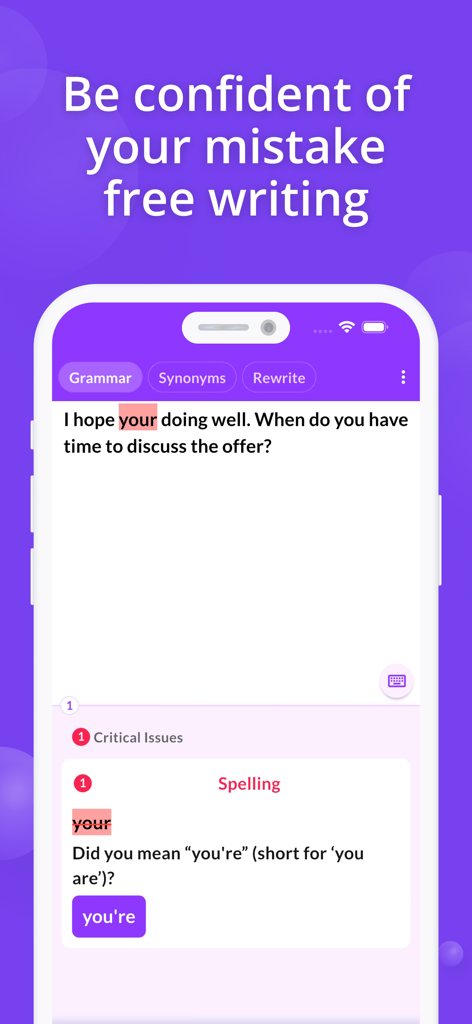 Proofreader: AI Grammar Check - Proofreader AI app interface identifying and explaining a grammar error in a professional email