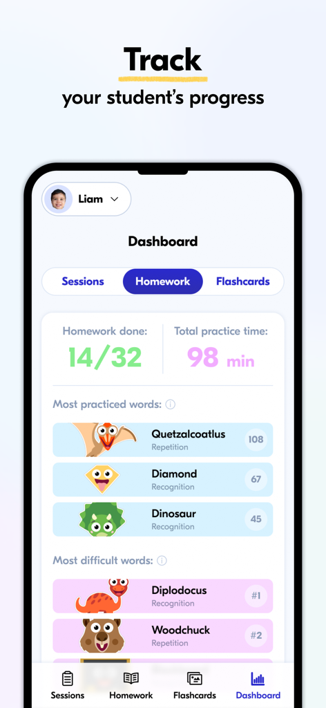 Speech Blubs Pro made for SLPs - Speech Blubs Pro app dashboard showing student progress tracking and homework completion statistics for speech therapy.