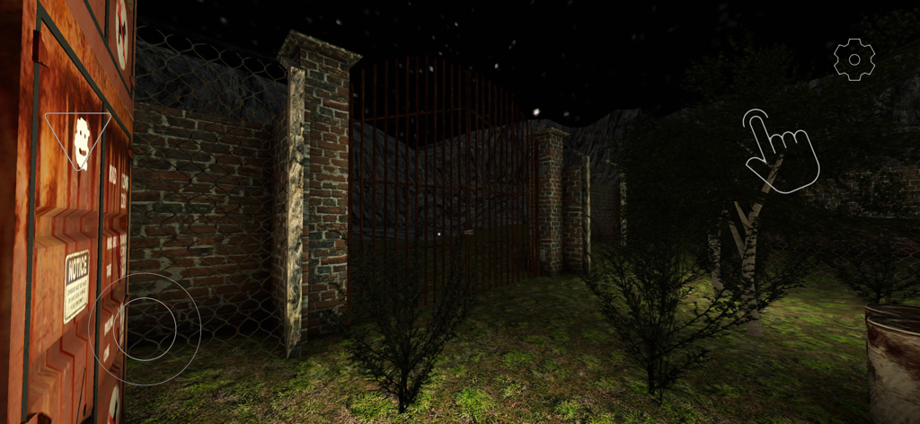 A dark and eerie night scene of a large iron gate and brick walls in the game Evil Doll
