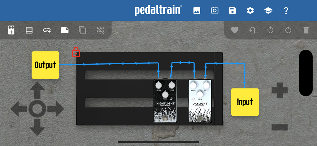 A digital guitar pedalboard layout with distortion and overdrive pedals connected by blue signal paths.