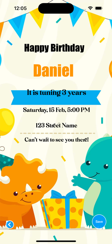 Birthday invitation maker . - A dinosaur themed birthday invitation for a child's third birthday with customizable text and cute illustrations