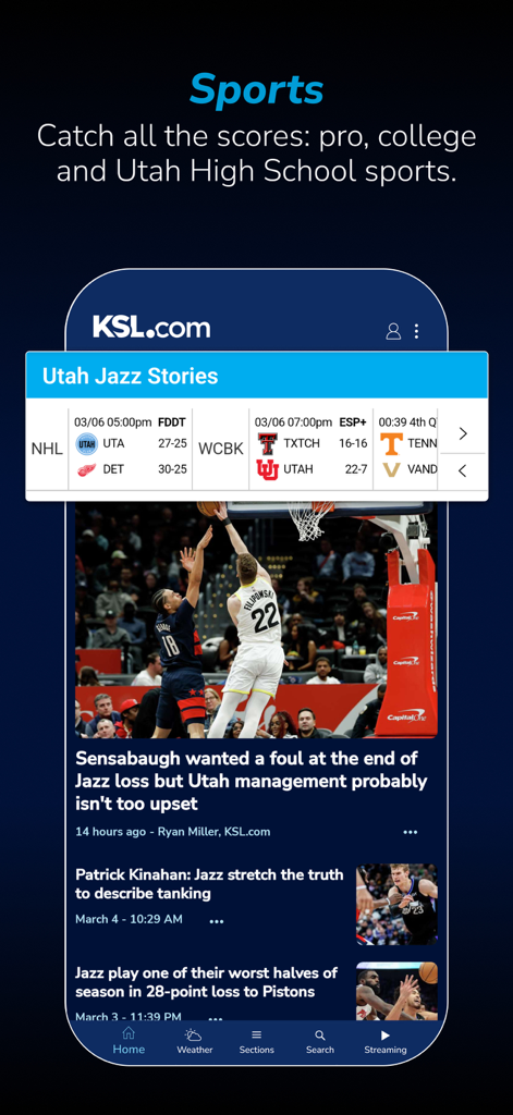 Una captura de pantalla de la sección de deportes de la aplicación KSL News Utah que presenta los resultados de los Utah Jazz y noticias deportivas locales.