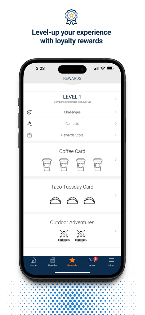 Transact Mobile Ordering - Transact Mobile Ordering rewards screen showing loyalty levels challenges and digital coffee and taco punch cards