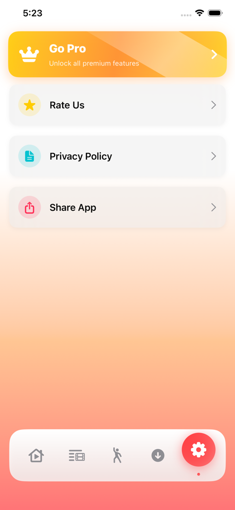 Immersive Interactive Workout - Settings screen of the Immersive Interactive Workout app showing premium upgrade and menu options