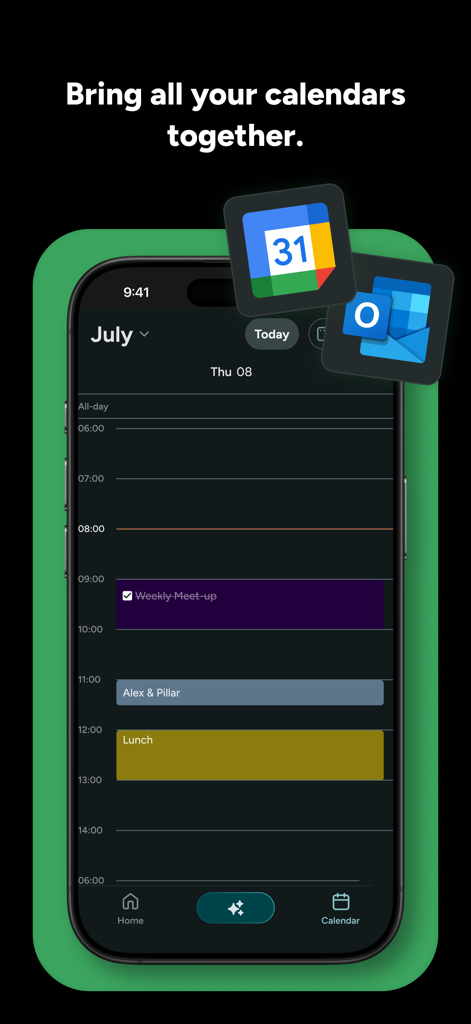 BeforeSunset AI - BeforeSunset AI app screen showing calendar integration with Google and Outlook icons