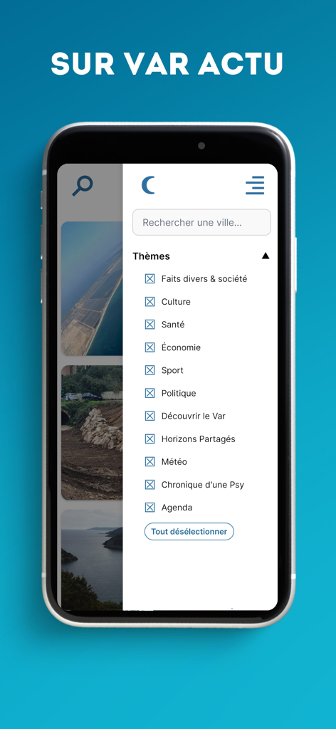 Var Actu - Var Actu mobile app showing news category filters and city search bar