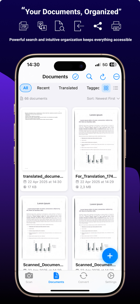 Pdf scan translateアプリのドキュメント画面。整理されたスキャン済みおよび翻訳済みファイルのグリッドビューを表示しています。