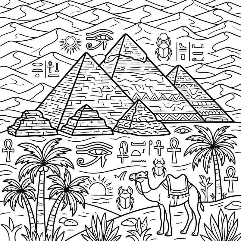 Embark on a captivating coloring adventure to ancient Egypt with this specially designed page for seniors. Featuring majestic pyramids, desert scenes, and iconic symbols, it offers a perfect blend of engagement and relaxation.
