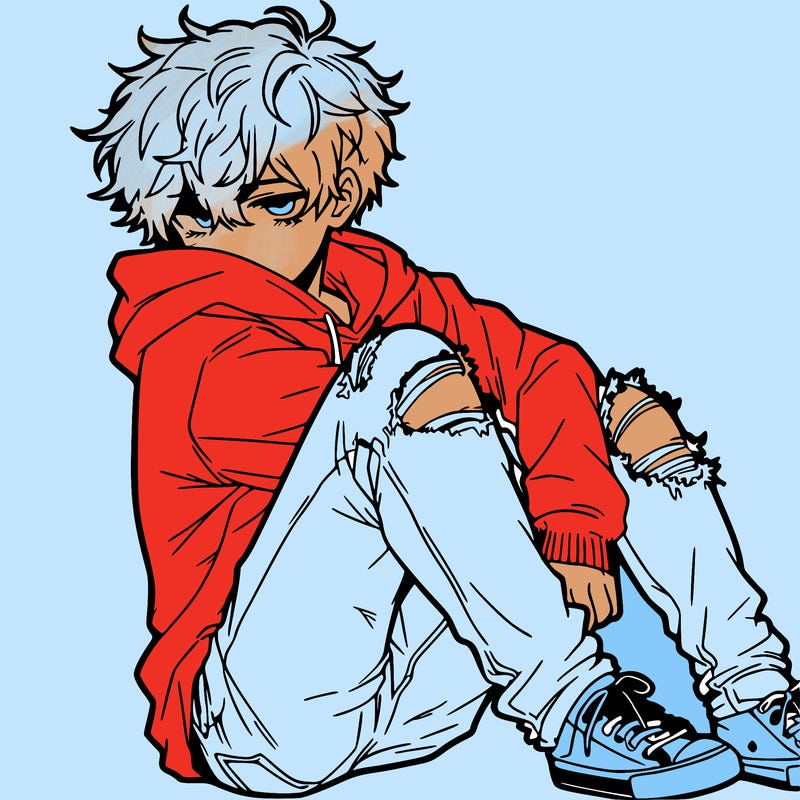 a male hoddie ripped jeans messy hair anime