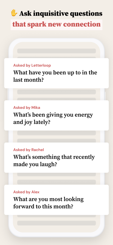 A mobile screen showing inquisitive question prompts in the Letterloop app to spark group connections