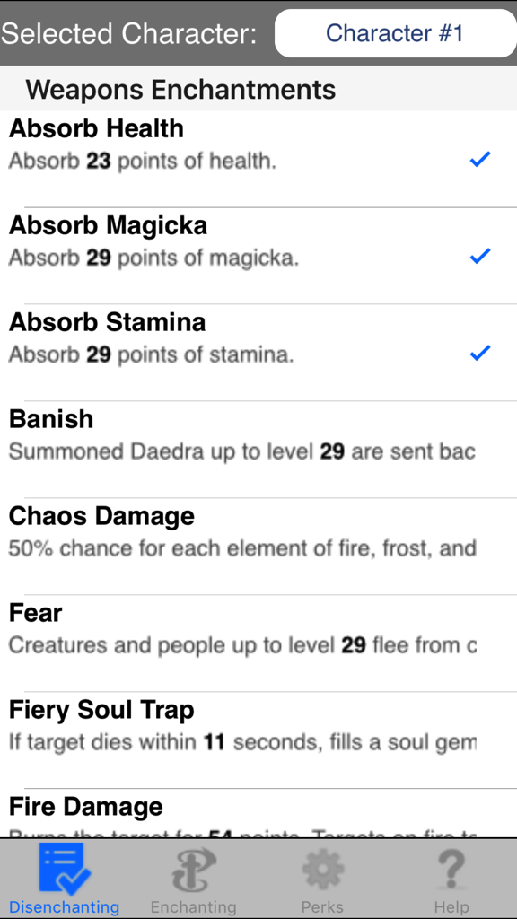 Enchanting for Skyrim ® - A checklist of weapon enchantments in the Skyrim companion app showing learned abilities like Absorb Health and Magicka