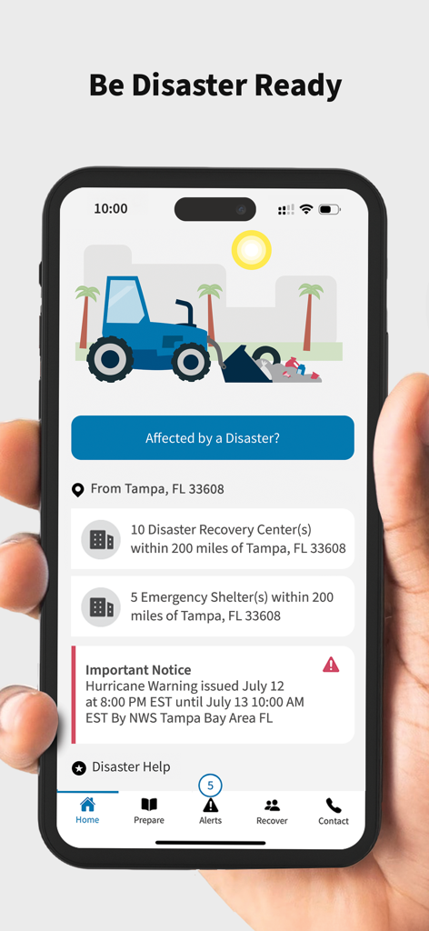Smartphone displaying the FEMA app home screen with disaster recovery locations and hurricane alerts for Tampa Florida