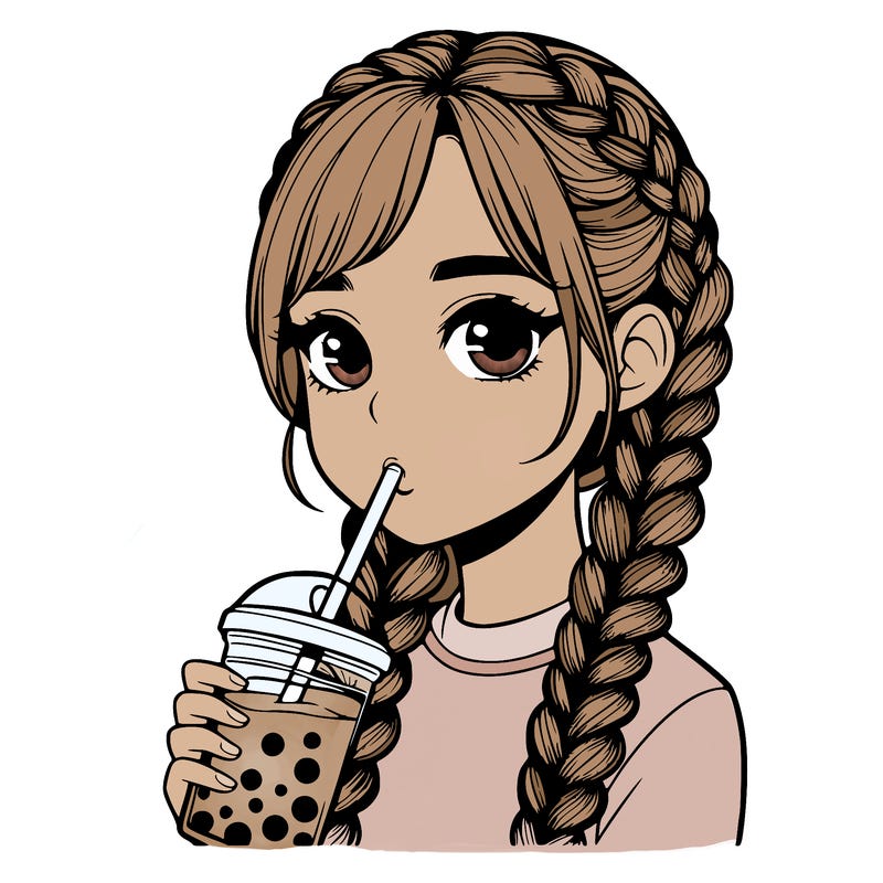 realistic girl with braided hair drinking boba