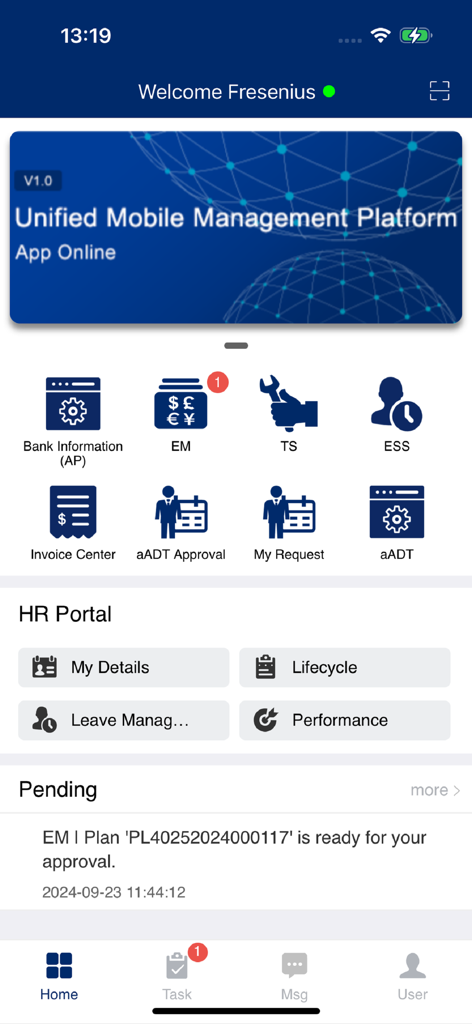 Fresenius - Main dashboard of the Fresenius mobile app featuring HR portal and enterprise management modules