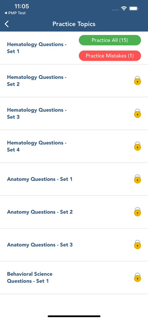 Practice topics screen showing question sets for Hematology, Anatomy, and Behavioral Science