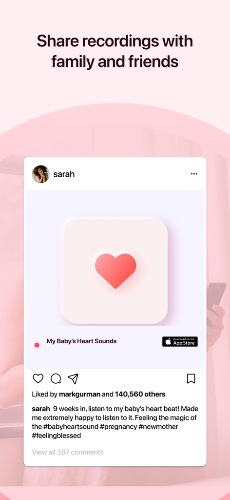 Mockup showing an Instagram post of a baby's heartbeat recording being shared with family and friends.