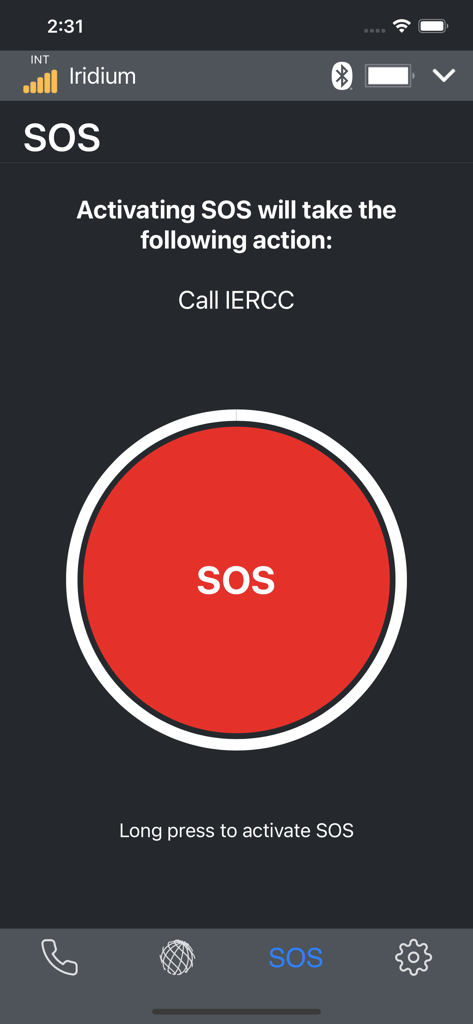 Iridium GO! exec - SOS emergency screen in the Iridium GO exec app featuring a large red activation button