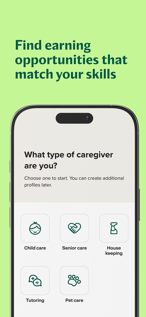 Care.com Caregiver: Find Jobs - 아동 돌봄, 노인 돌봄, 가사 도우미, 과외, 반려동물 돌봄 카테고리를 보여주는 Care.com 돌봄 제공자 앱 화면