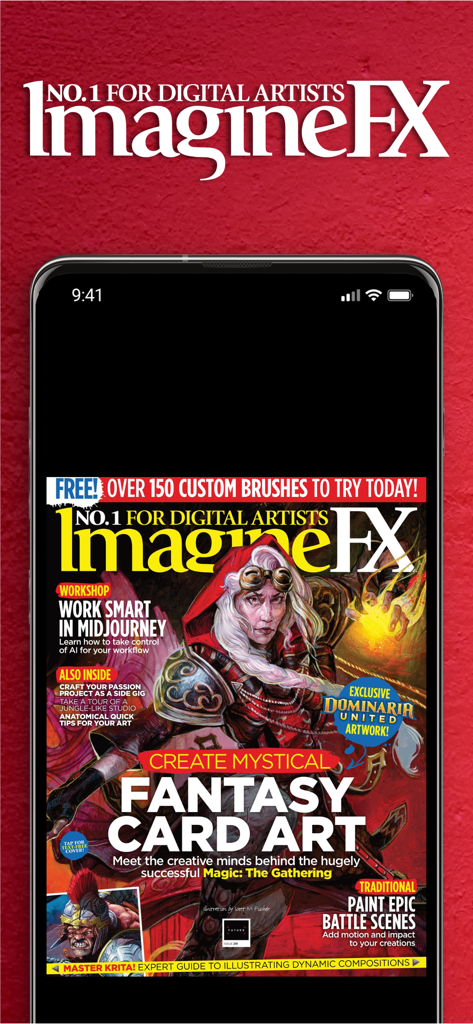 ImagineFXアプリには、ファンタジーキャラクターの雑誌表紙とデジタルカードアート作成チュートリアルが表示されています