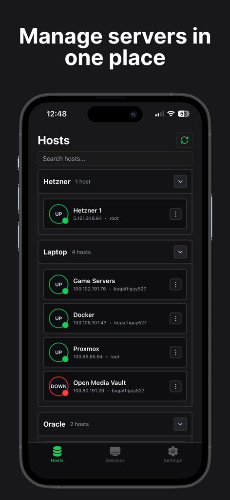 Termix - SSH Companion - Screenshot of the Termix app showing a list of managed server hosts with their status and IP addresses