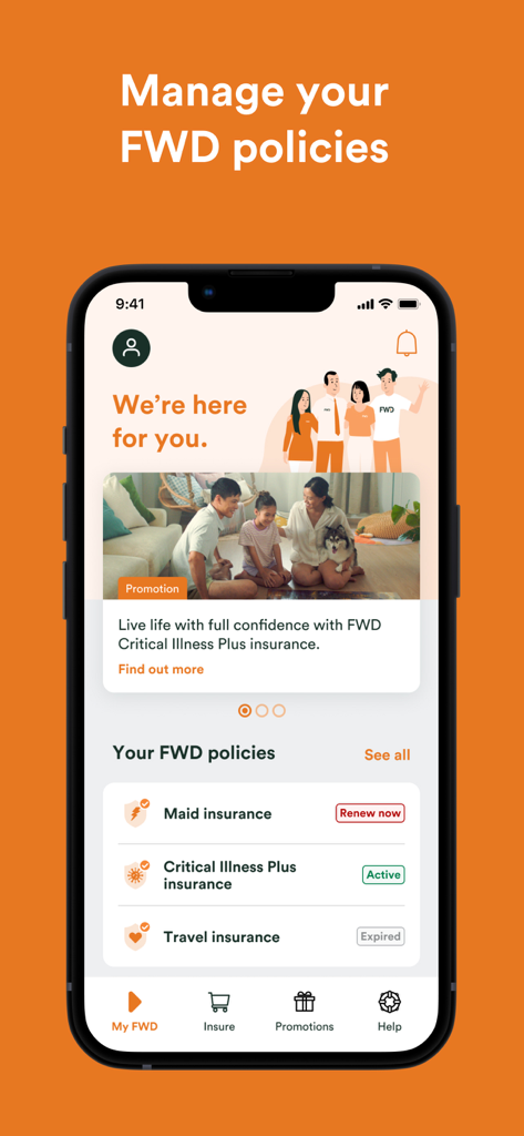 FWD SG mobile app screen showing a summary of active and expired insurance policies including maid and travel insurance