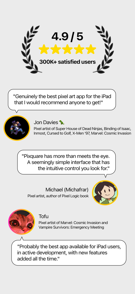 User testimonials and a 4.9 star rating for the Pixquare Pixel Art Studio app