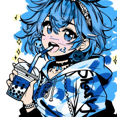 hot baddie anime girl drinking boba and biting the straw