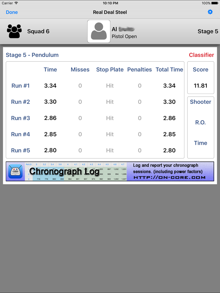 Steel Scoring - Steel Scoring app interface showing run times and scores for a competition stage.