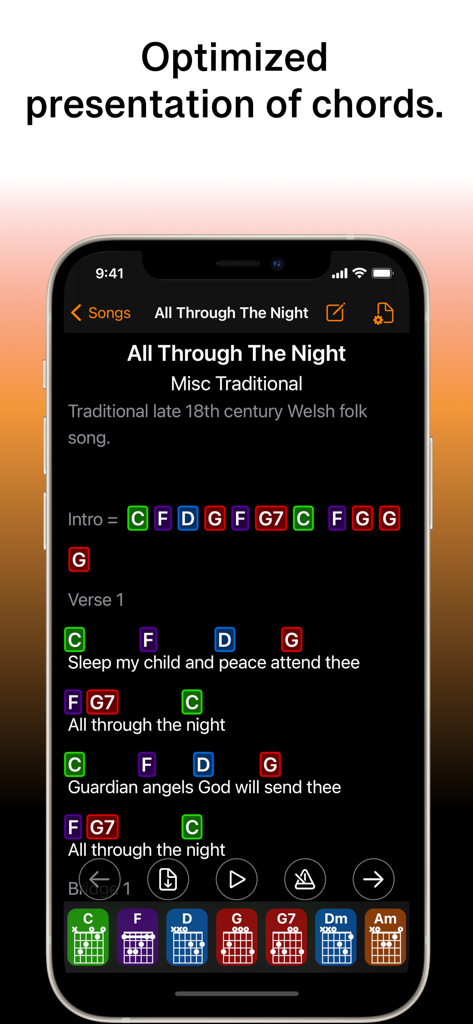Pantalla de rendimiento de SongFolio que muestra la letra con acordes de guitarra codificados por colores y diagramas en la parte inferior