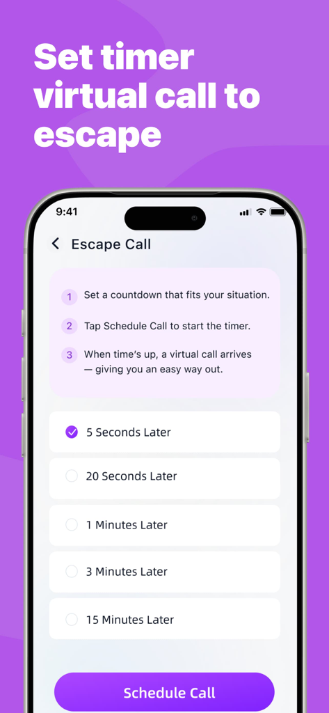 Prime Safety - A screenshot of the Prime Safety app showing the Escape Call feature where users can schedule a virtual call to exit a situation.