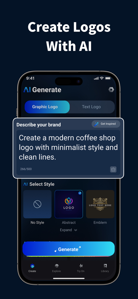 AI Logo Maker®Brand Design - Una interfaz móvil de la aplicación AI Logo Maker que muestra una indicación para crear un logotipo minimalista de cafetería.