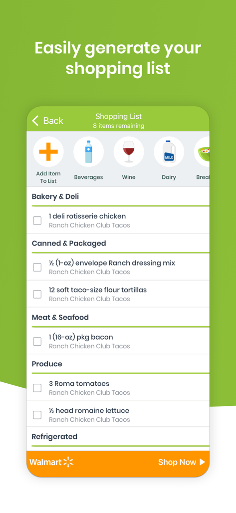 eMeals - Healthy Meal Plans - Interface do aplicativo móvel eMeals mostrando uma lista de compras automatizada com um botão de checkout do Walmart