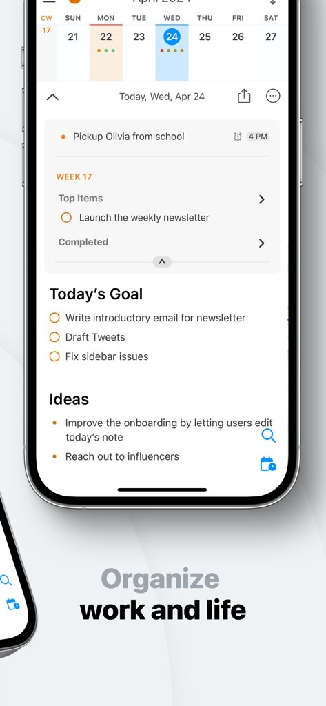NotePlan - To-Do List & Notes - NotePlan mobile app interface displaying a daily schedule with tasks, goals, and calendar view.