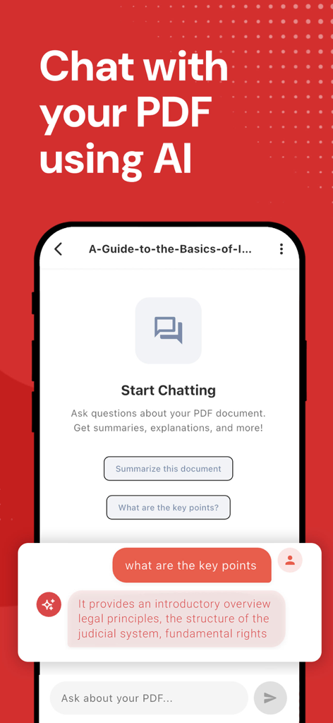 The myPDF app interface showing the AI chat feature for summarizing documents offline