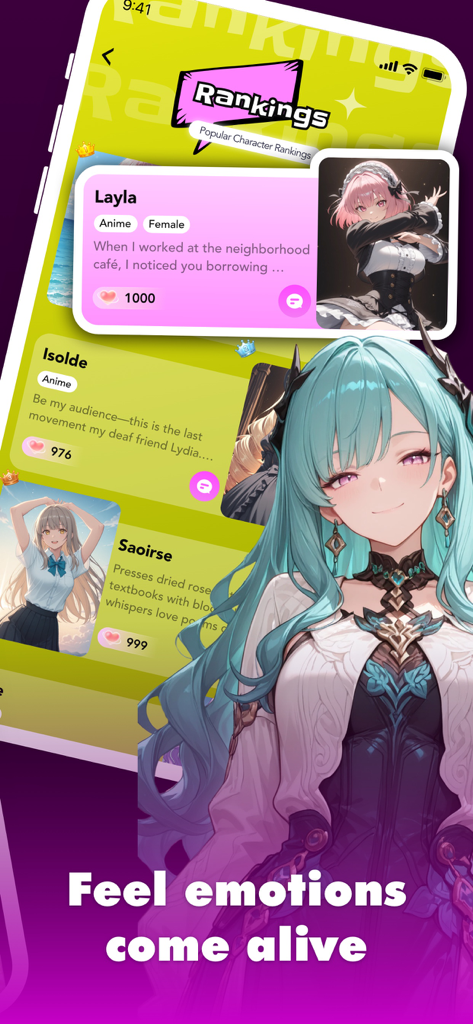 Hana AI app interface showing a ranking of popular anime style AI characters