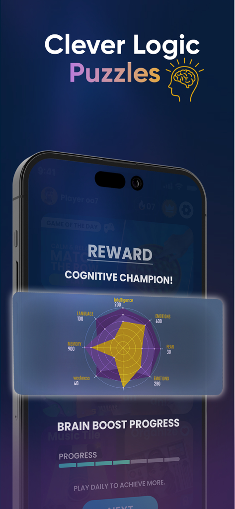 10000 Offline Games: No Wifi - Una pantalla de juego móvil que muestra una recompensa cognitiva por completar acertijos lógicos, con un gráfico de radar que rastrea el progreso de inteligencia, memoria y emociones.