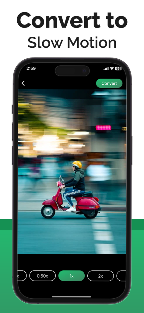 Video Downloader - Download - 速度制御を使用してビデオをスローモーションに変換する方法を示すモバイルインターフェース。