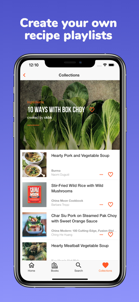 ckbk: discover great cookbooks - A smartphone showing the ckbk app interface with a curated collection of bok choy recipes