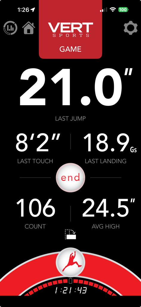 VERT app live dashboard showing real-time vertical jump height landing impact and jump count data for athletes