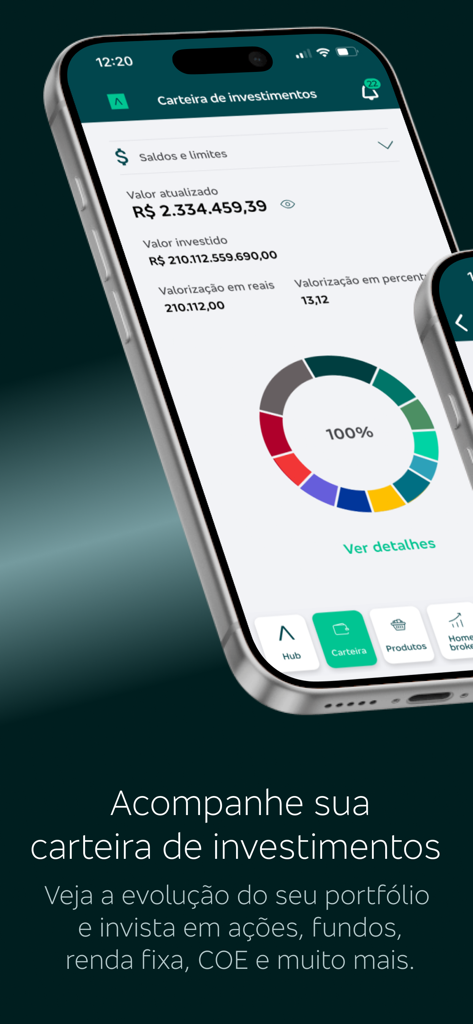 Ágora - Agora app interface showing a detailed investment portfolio with a distribution chart