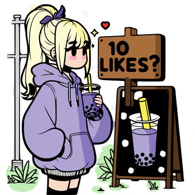 girl with oversized hoodie drinking boba and she has a high ponytail with a sign that says 10likes?